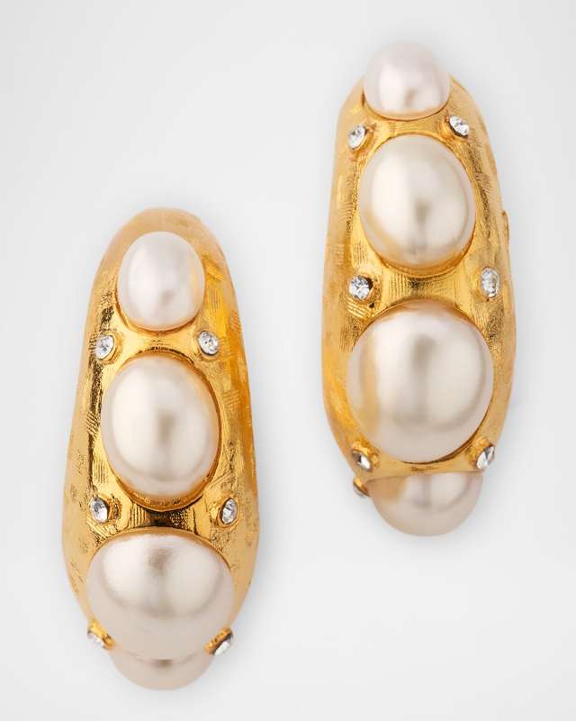 Gold Rhinestone Hoop Earrings with Oval Pearly Cabochons
